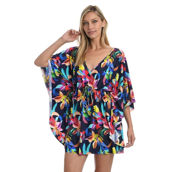 La Blanca Women's V Neck Caftan Swimsuit Cover Up, Indigo//by The